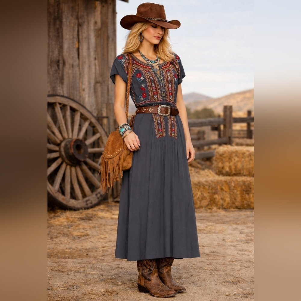 Johnny Was Charcoal Maxi Dress with Multicolor Embroidered Yoke